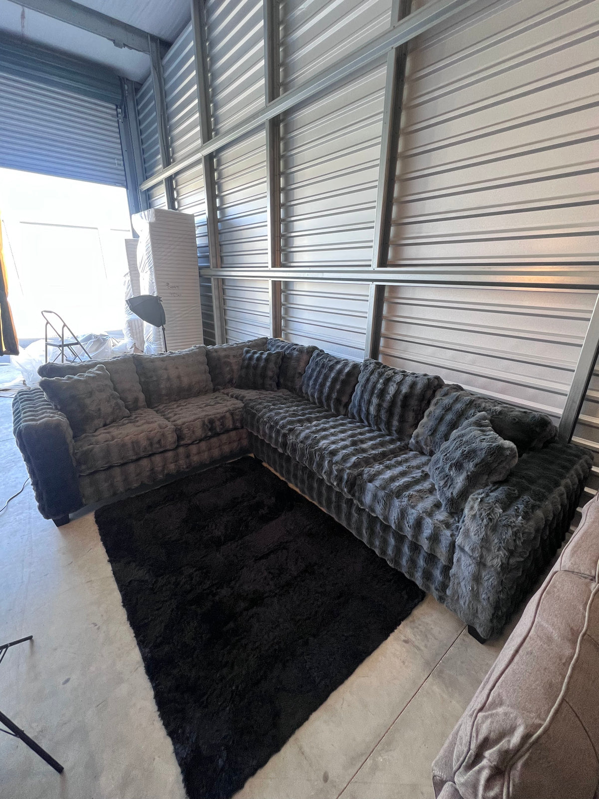 Waffle corduroy sectional in Grey, full view