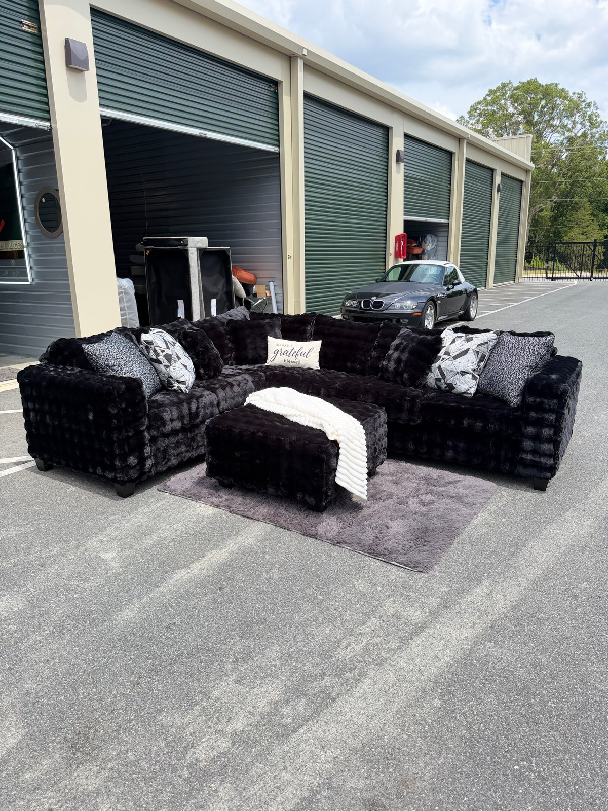 Waffle corduroy sectional in Black, full view