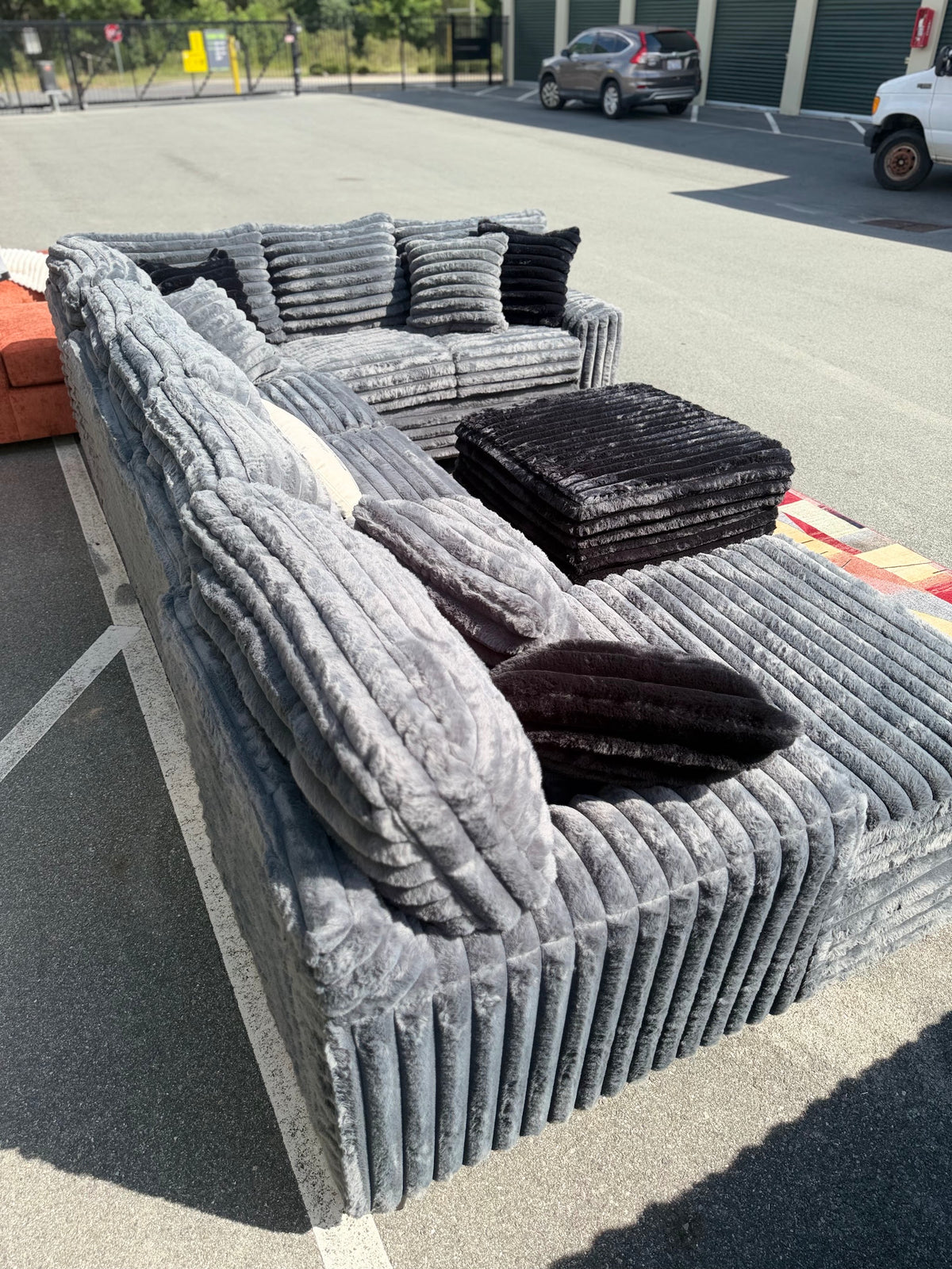 XL corduroy U-shape sectional in Gunmetal Grey, side angle