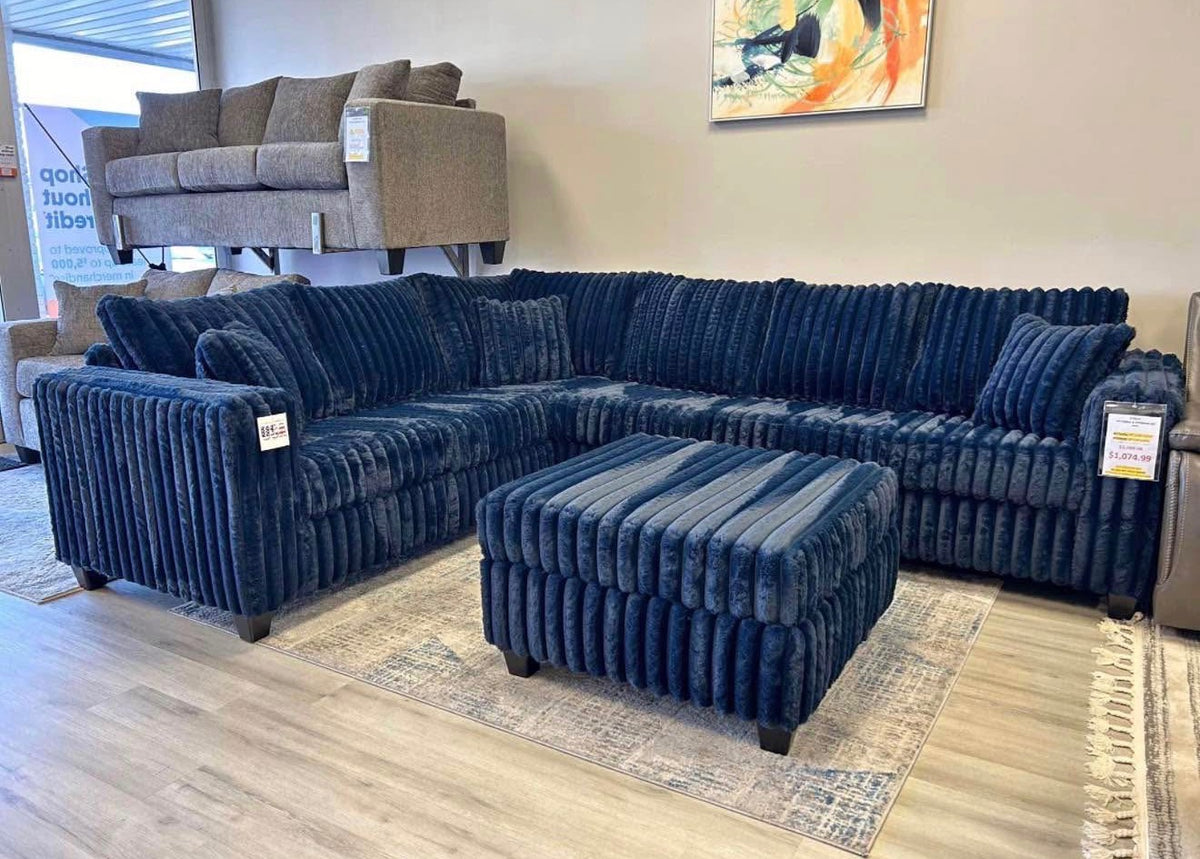Upgraded corduroy sectional in Navy, wide view