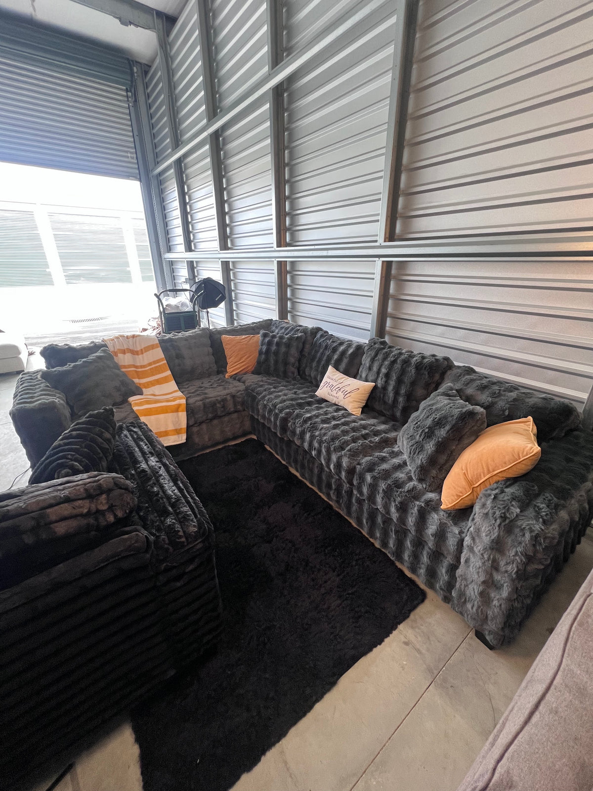 Waffle corduroy sectional in Grey, corner view