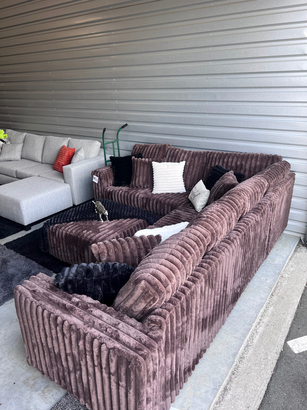 Upgraded corduroy sectional in Chocolate, side view