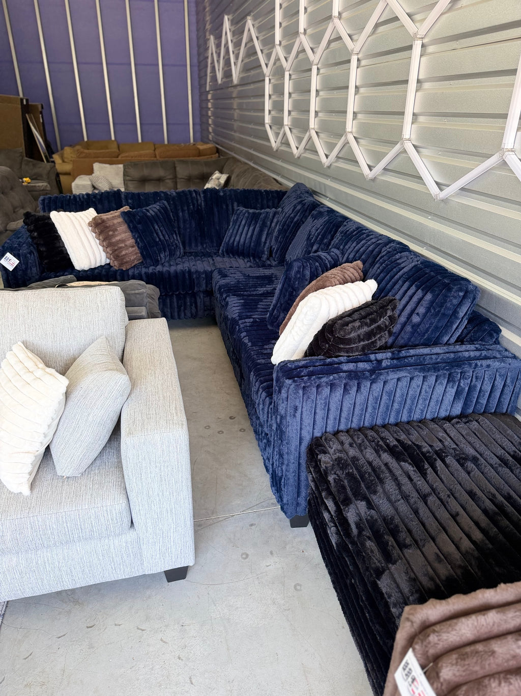 Upgraded corduroy sectional in Navy, chaise view
