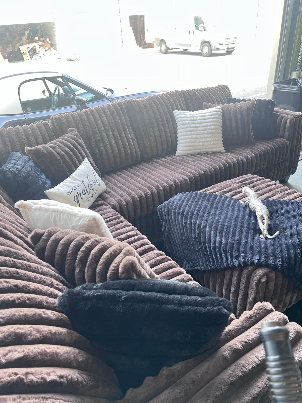 Upgraded corduroy sectional in Chocolate, close-up