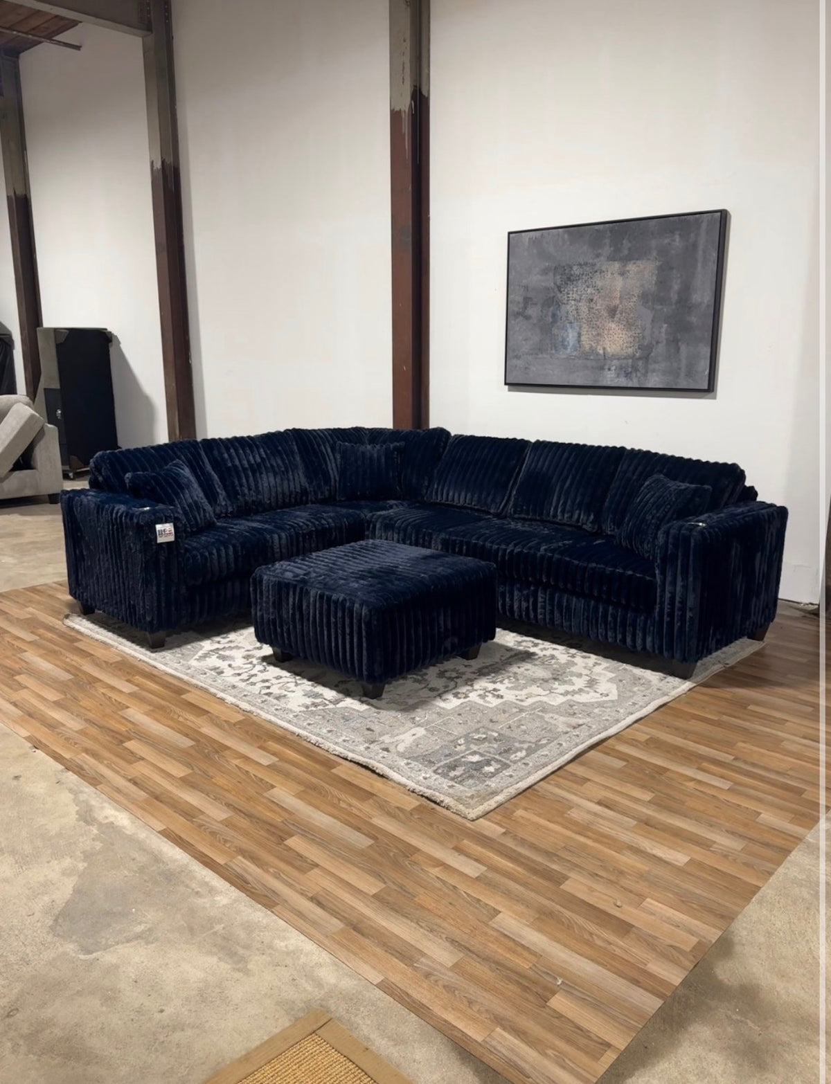 Upgraded corduroy sectional in Navy, with ottoman
