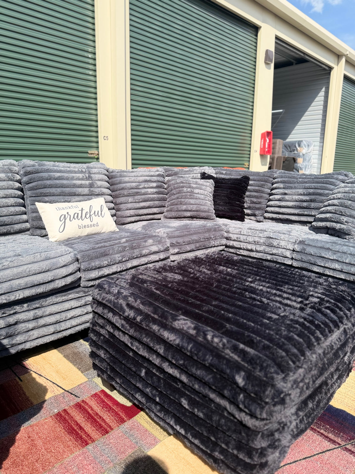 XL corduroy U-shape sectional in Gunmetal Grey, close-up