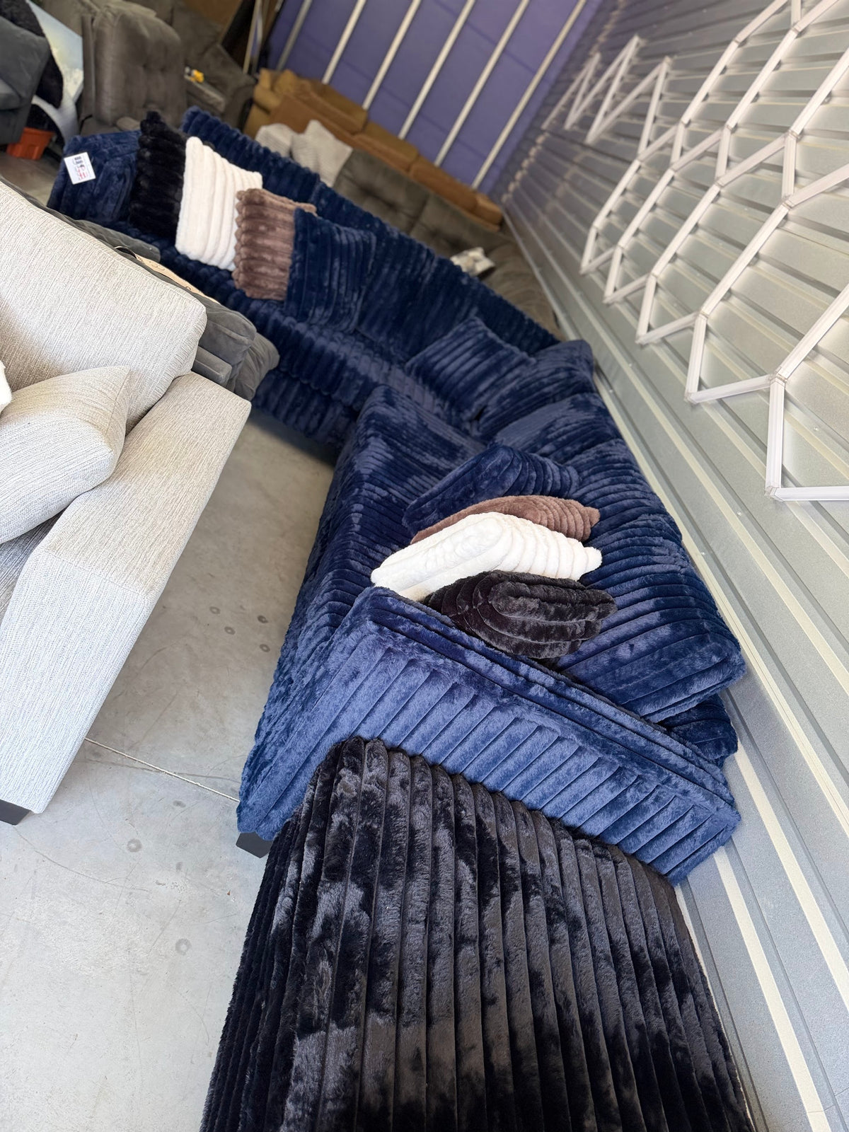Upgraded corduroy sectional in Navy, long view