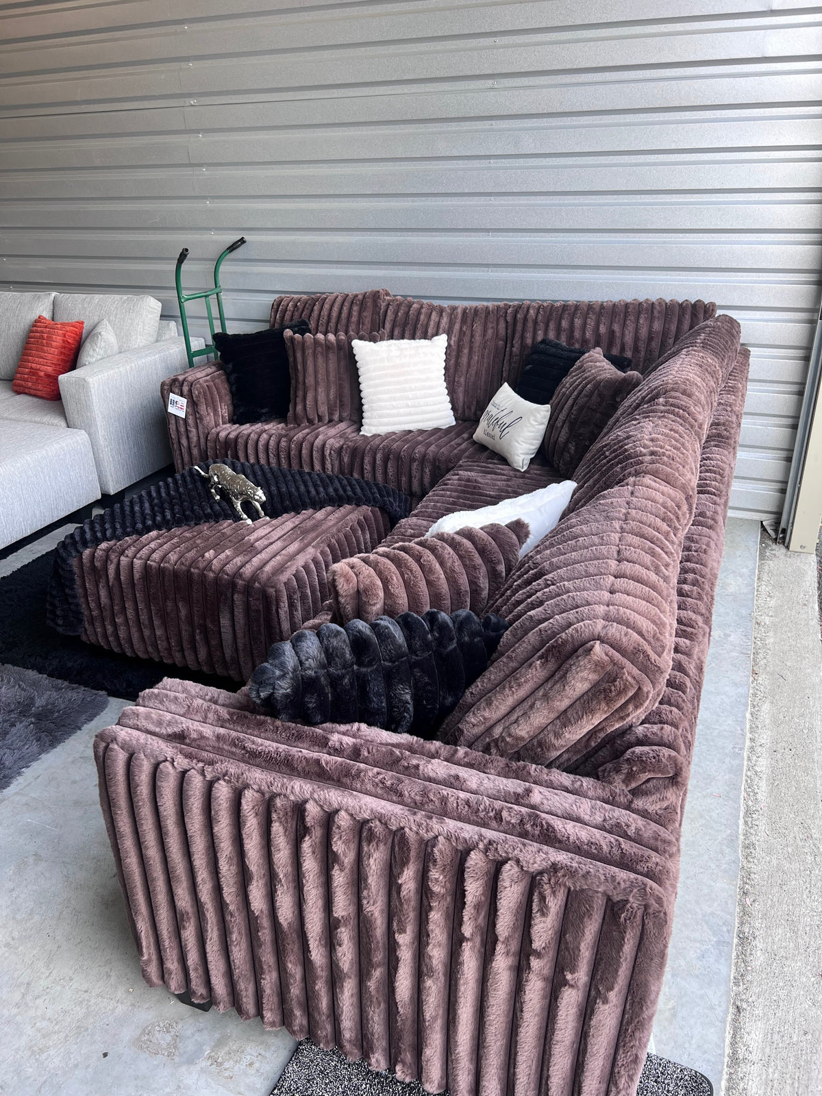 Upgraded corduroy sectional in Chocolate, arm detail