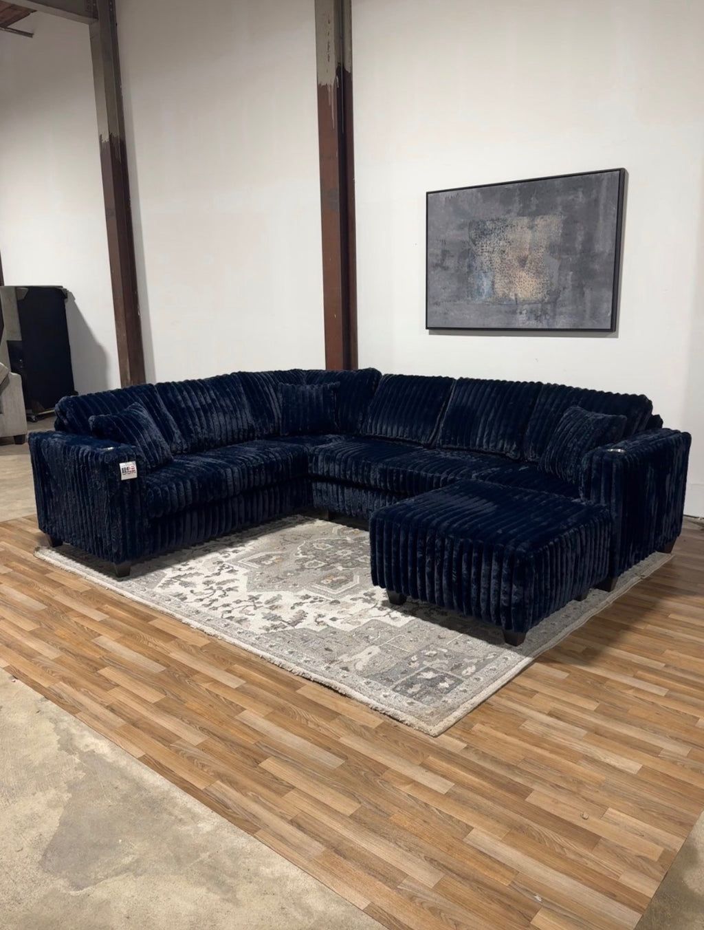 Upgraded corduroy sectional in Navy, corner view