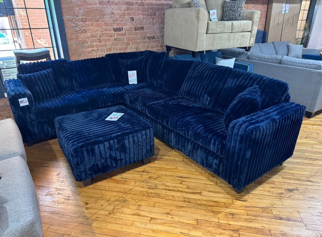 Upgraded corduroy sectional in Navy, showroom view