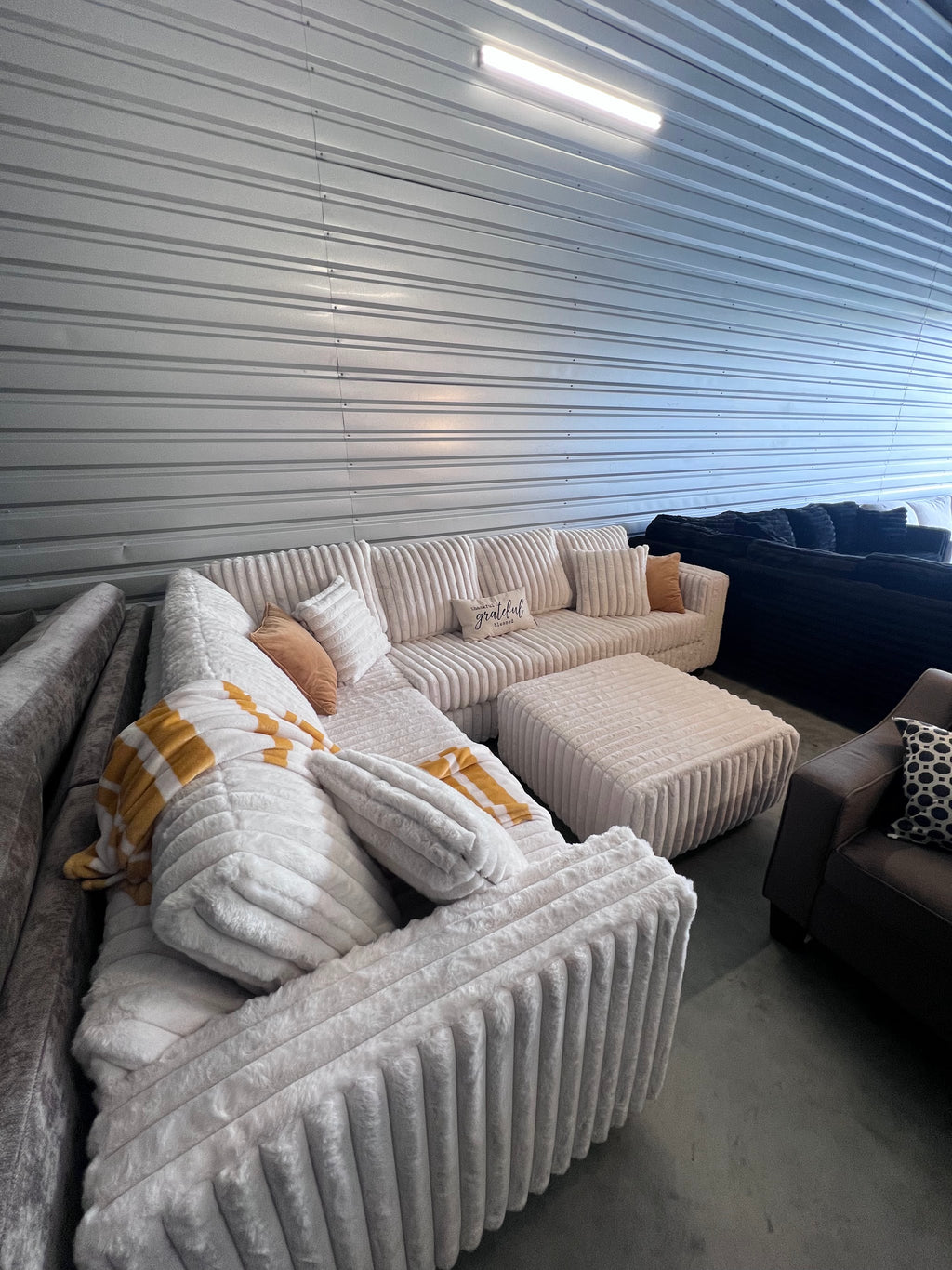 Upgraded corduroy sectional in Cream, with ottoman
