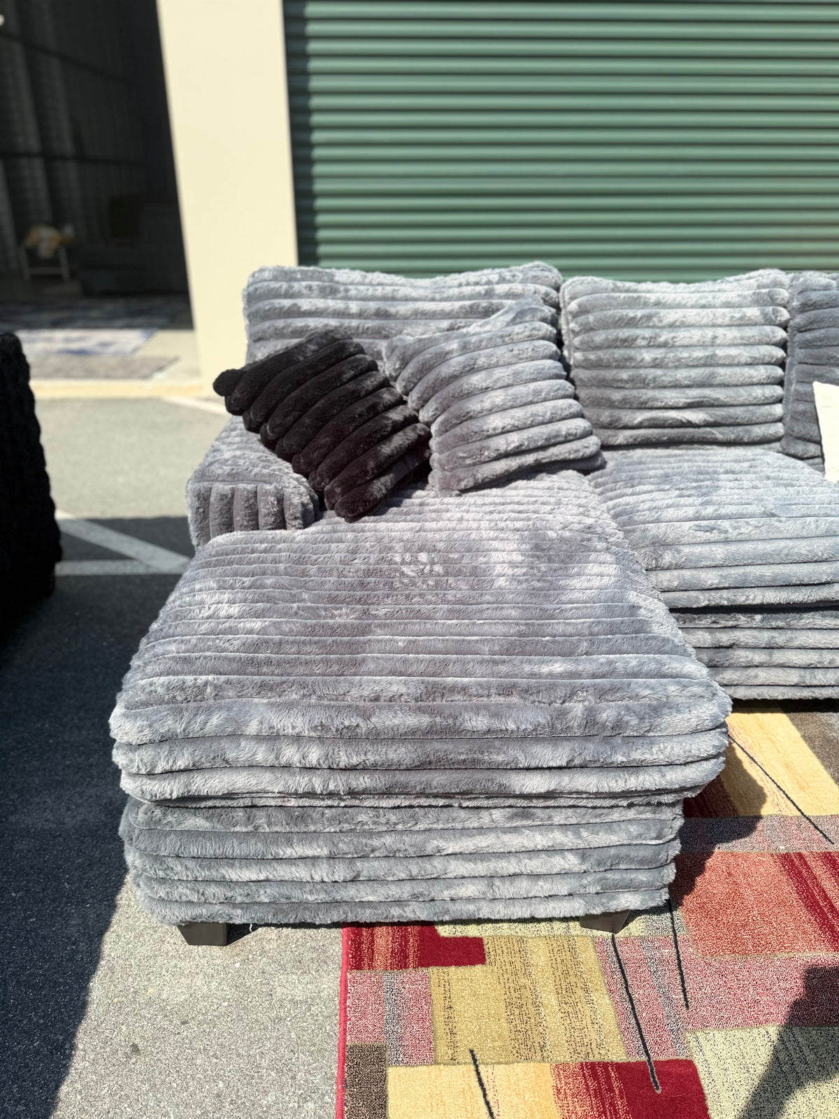 XL corduroy U-shape sectional in Gunmetal Grey, ottoman detail