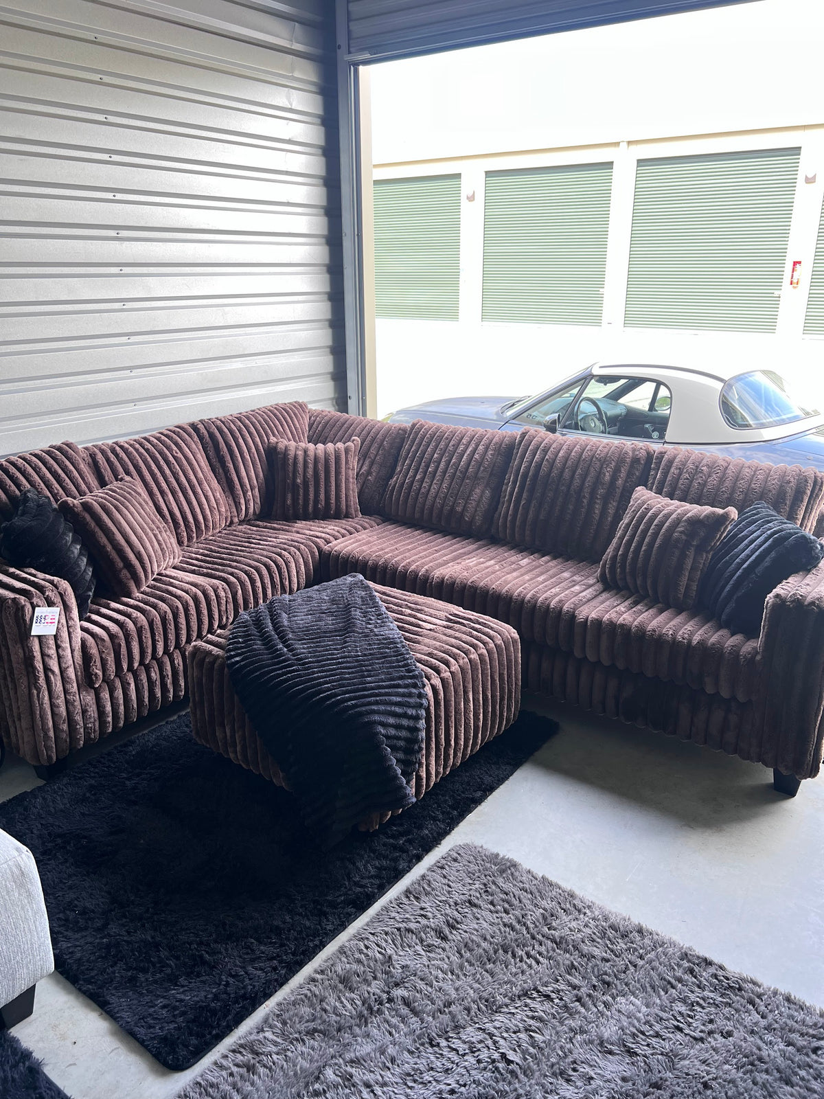 Upgraded corduroy sectional in Chocolate, with ottoman