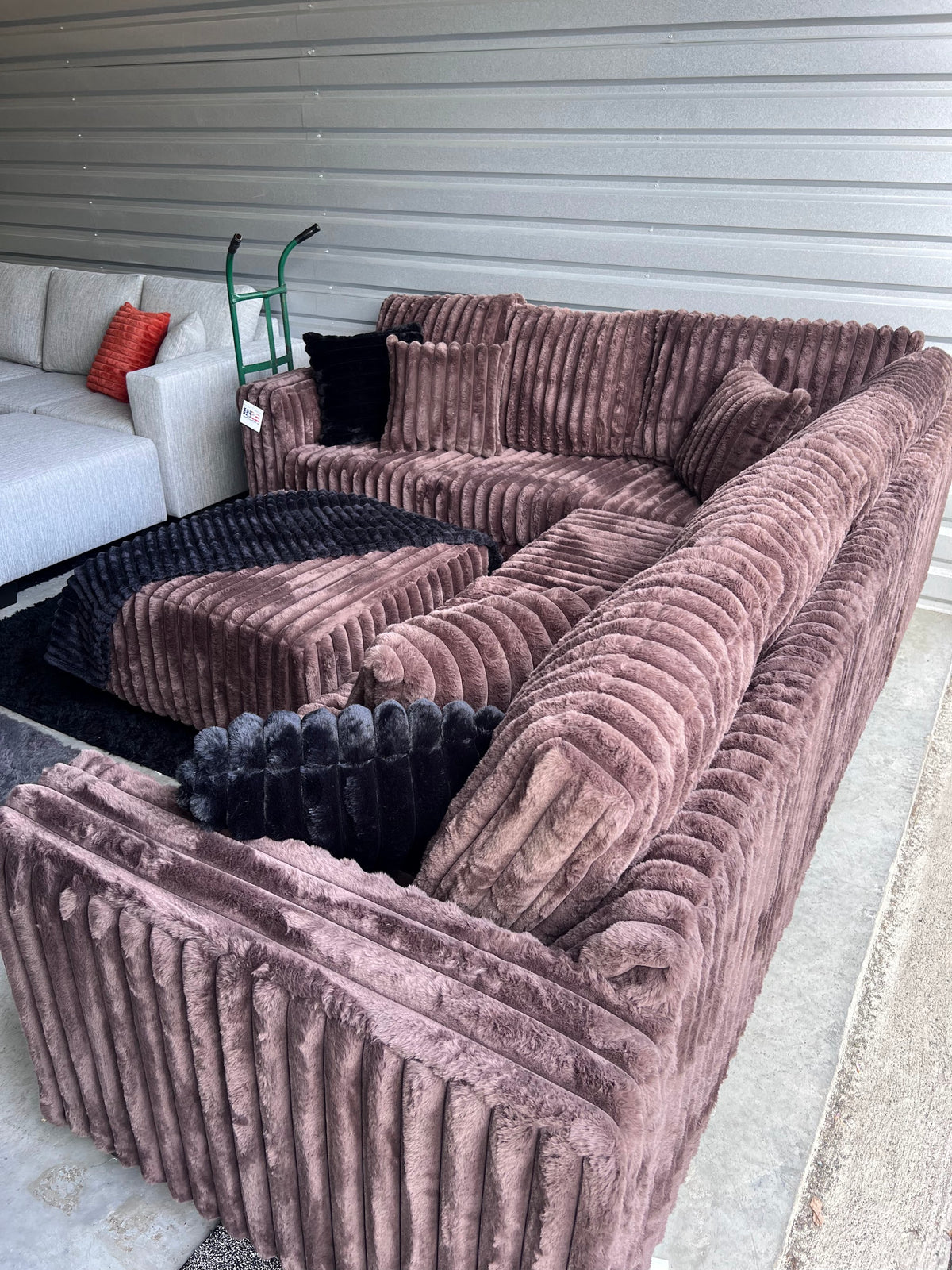 Upgraded corduroy sectional in Chocolate, corner view