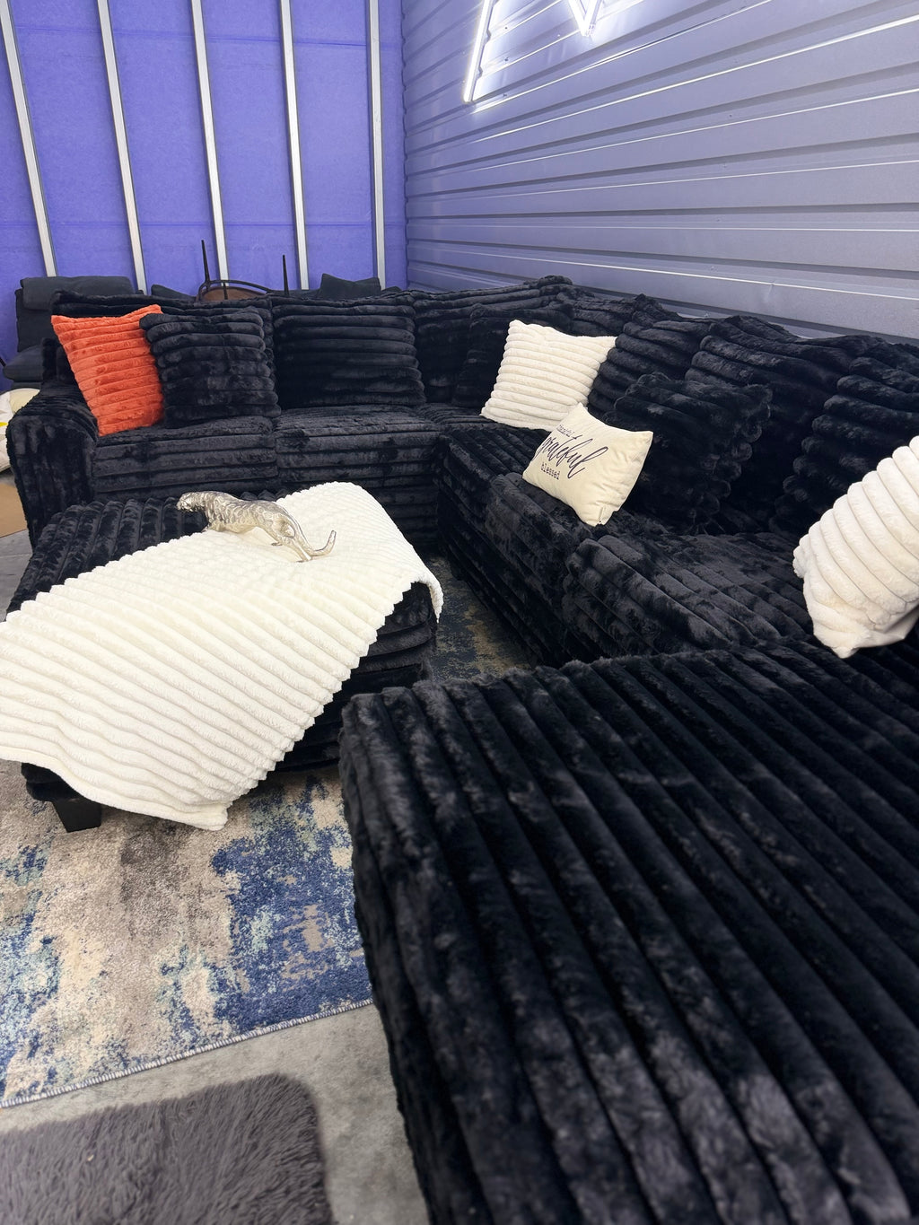 XL corduroy U-shape sectional in Black, angled view