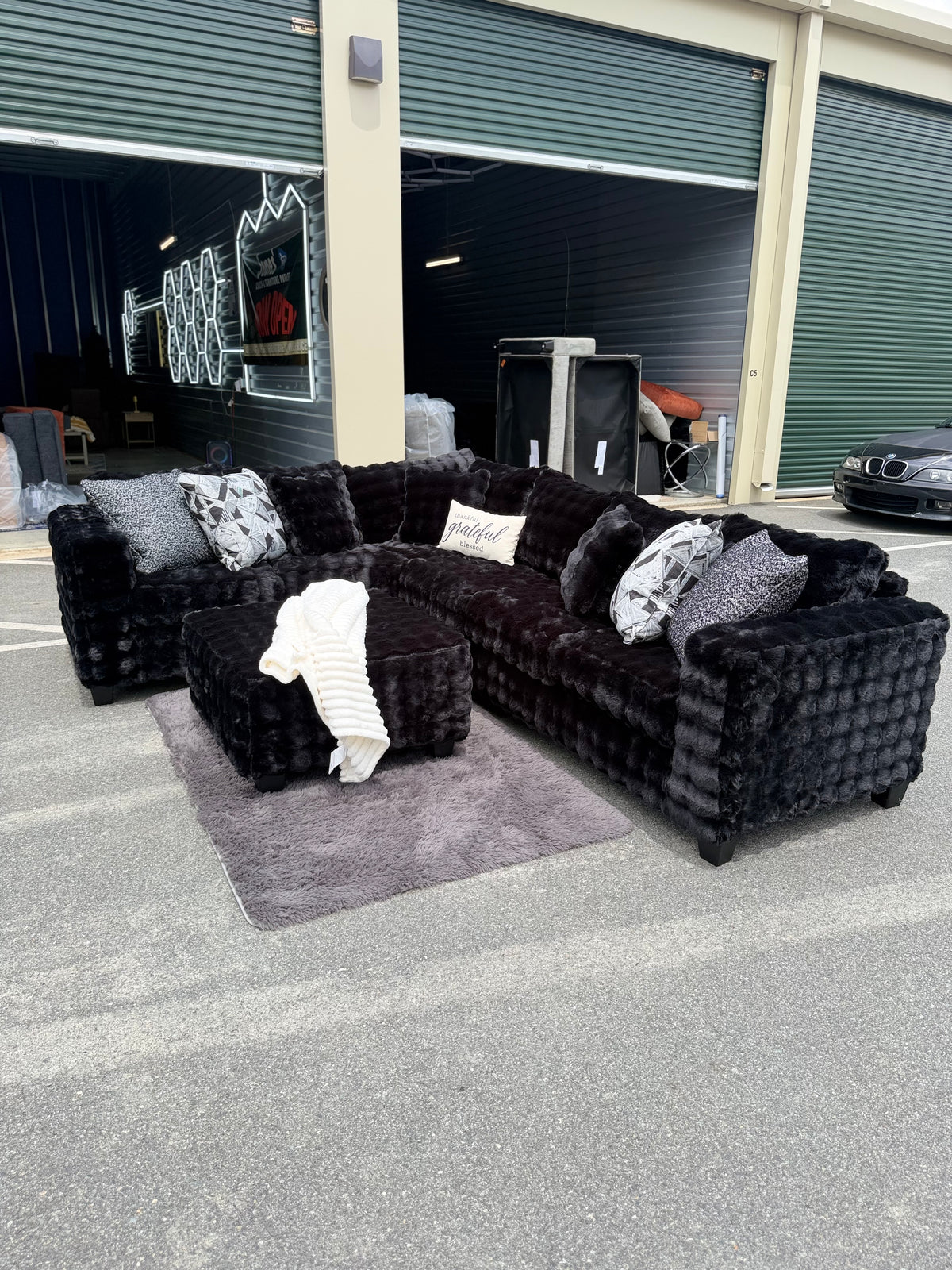 Waffle corduroy sectional in Black, wide view