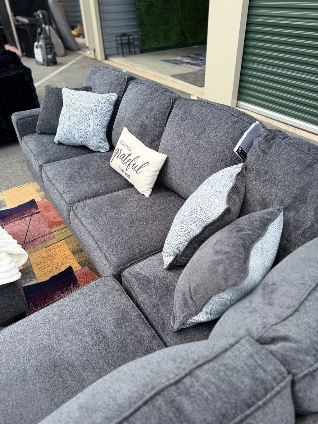 Ashley Altari sectional in Slate, right chaise, pillows detail