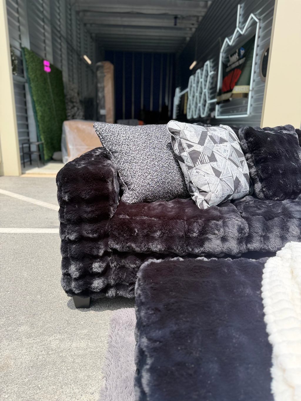 Waffle corduroy sectional in Black, close-up