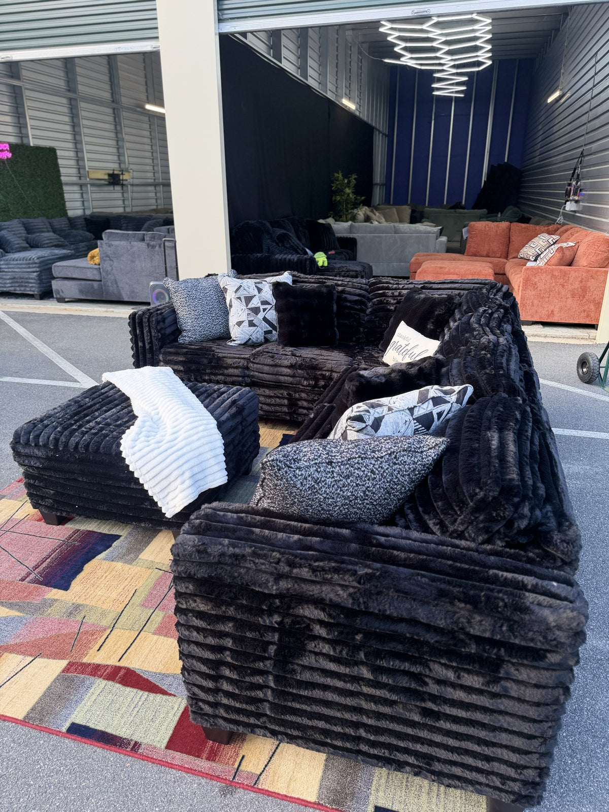 Black corduroy sectional angled view